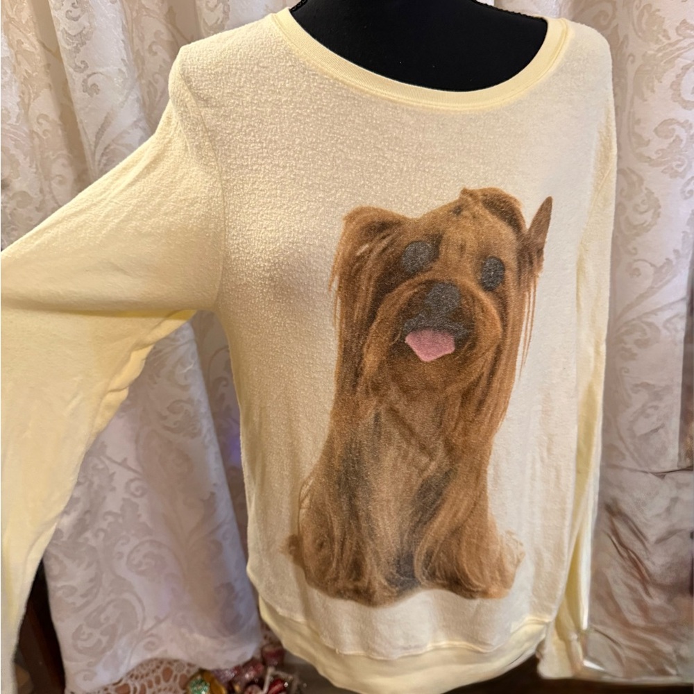 Wildfox Granny Dog Yorkie Yellow Barefoot Sweater Pullover Small